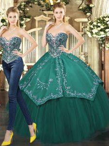 Sleeveless Tulle Floor Length Lace Up Sweet 16 Quinceanera Dress in Dark Green with Beading and Appliques