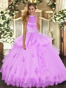 Exceptional Lilac Tulle Backless Halter Top Sleeveless Floor Length Quinceanera Gowns Beading and Ruffles
