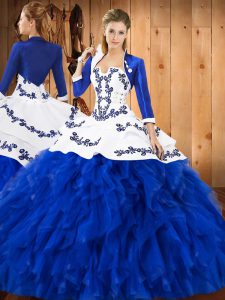 Blue And White Sleeveless Embroidery and Ruffles Floor Length Quinceanera Gown