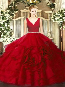 Wine Red Ball Gowns Fabric With Rolling Flowers V-neck Sleeveless Beading Floor Length Zipper Quinceanera Dresses