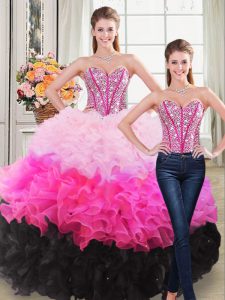 Fitting Multi-color Organza Lace Up Sweet 16 Dresses Sleeveless Floor Length Beading and Ruffles