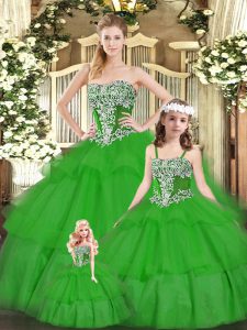 Traditional Strapless Sleeveless Quince Ball Gowns Floor Length Beading and Ruffled Layers Green Organza