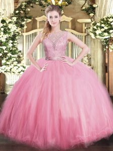 Lovely Scoop Sleeveless 15th Birthday Dress Floor Length Lace Baby Pink Tulle