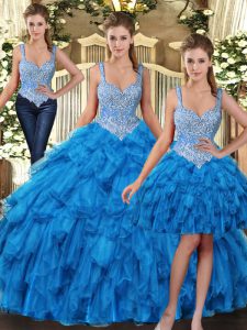 Chic Sleeveless Tulle Floor Length Lace Up Sweet 16 Dress in Teal with Beading and Ruffles