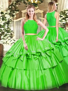 Green Two Pieces Tulle Scoop Sleeveless Ruffled Layers Floor Length Zipper 15th Birthday Dress