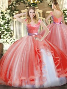 Dramatic Ball Gowns 15th Birthday Dress Watermelon Red V-neck Organza Sleeveless Floor Length Zipper