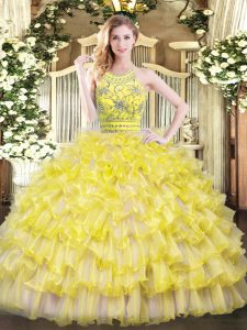 Exquisite Gold Quinceanera Gowns Military Ball and Sweet 16 and Quinceanera with Beading and Ruffles Halter Top Sleeveless Zipper