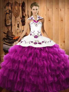 Fuchsia Satin and Organza Lace Up Halter Top Sleeveless Floor Length Vestidos de Quinceanera Embroidery and Ruffled Layers