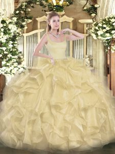 Straps Sleeveless Sweet 16 Dresses Floor Length Beading and Ruffles Gold Organza