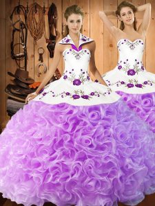 Floor Length Lace Up Sweet 16 Dress Lilac for Military Ball and Sweet 16 and Quinceanera with Embroidery