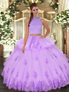 Halter Top Sleeveless Sweet 16 Dress Floor Length Beading and Appliques and Ruffles Lavender Tulle