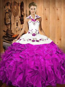Fitting Sleeveless Satin and Organza Floor Length Lace Up Quinceanera Dress in Fuchsia with Embroidery and Ruffles
