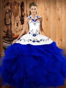 Exceptional Floor Length Royal Blue Sweet 16 Dress Halter Top Sleeveless Lace Up