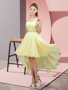 Traditional Yellow Sleeveless High Low Beading Lace Up Damas Dress