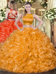 Orange Red Tulle Criss Cross High-neck Sleeveless Floor Length Sweet 16 Quinceanera Dress Ruffles