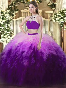 Wonderful Multi-color Quinceanera Dresses Military Ball and Sweet 16 and Quinceanera with Beading and Ruffles High-neck Sleeveless Backless
