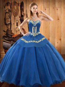 Blue Ball Gowns Tulle Sweetheart Sleeveless Ruffles Floor Length Lace Up Quince Ball Gowns
