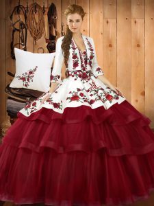 Deluxe Sleeveless Embroidery Lace Up Quinceanera Dresses with Wine Red Sweep Train