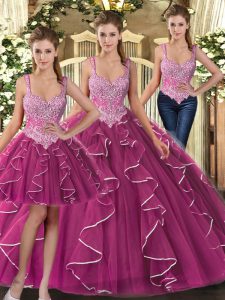 Fabulous Ball Gowns Quinceanera Gowns Fuchsia Straps Tulle Sleeveless Floor Length Lace Up