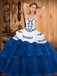 Blue Sleeveless Tulle Sweep Train Lace Up Quinceanera Dress for Military Ball and Sweet 16 and Quinceanera