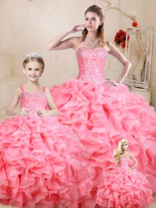 Custom Designed Organza Sweetheart Sleeveless Lace Up Beading and Ruffles Ball Gown Prom Dress in Watermelon Red