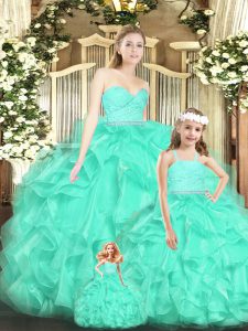 Floor Length Lace Up Quinceanera Gowns Apple Green for Military Ball and Sweet 16 and Quinceanera with Lace and Ruffles
