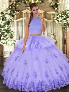 High Class Lavender Sleeveless Floor Length Beading and Appliques and Ruffles Backless Ball Gown Prom Dress