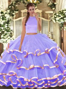 Halter Top Sleeveless Organza Sweet 16 Quinceanera Dress Beading and Ruffled Layers Backless