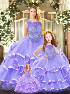 Decent Lavender Lace Up Scoop Beading and Ruffled Layers Ball Gown Prom Dress Organza Sleeveless