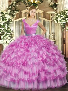 Fancy Lilac Ball Gowns Organza V-neck Sleeveless Ruffled Layers Floor Length Zipper Ball Gown Prom Dress