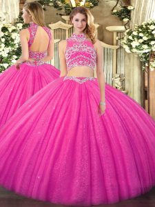 Smart Hot Pink Tulle Backless High-neck Sleeveless Floor Length Sweet 16 Dress Beading