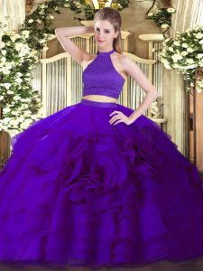 Purple Sleeveless Tulle Backless 15 Quinceanera Dress for Military Ball and Sweet 16 and Quinceanera