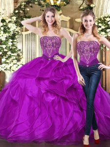 Pretty Purple Sleeveless Floor Length Beading and Ruffles Lace Up Quinceanera Dresses