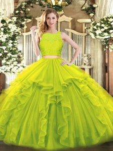 Yellow Green Ball Gown Prom Dress Military Ball and Sweet 16 and Quinceanera with Ruffles Scoop Sleeveless Zipper