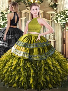 Halter Top Sleeveless Sweet 16 Dress Floor Length Beading and Embroidery and Ruffles Olive Green Satin and Organza