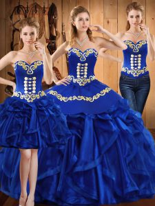 Fashionable Royal Blue Organza Lace Up Quinceanera Dress Sleeveless Floor Length Embroidery and Ruffles