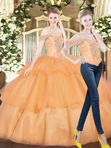 Superior Two Pieces Quinceanera Dress Orange Red Off The Shoulder Organza Sleeveless Floor Length Lace Up