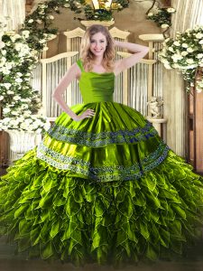 Olive Green Organza Zipper Straps Sleeveless Floor Length Quinceanera Gown Beading and Lace and Ruffles