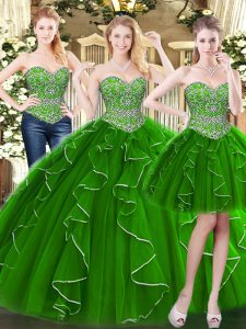 Elegant Green Sleeveless Organza Lace Up Vestidos de Quinceanera for Military Ball and Sweet 16 and Quinceanera