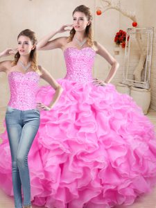 Adorable Rose Pink Ball Gowns Beading and Ruffles Sweet 16 Dresses Lace Up Organza Sleeveless Floor Length