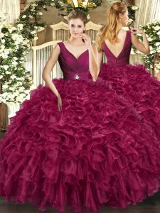 Flare Burgundy Sleeveless Beading and Ruffles Floor Length Quinceanera Gown