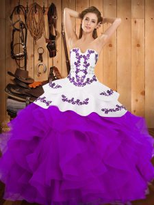 Purple Ball Gowns Strapless Sleeveless Satin and Organza Floor Length Lace Up Embroidery and Ruffles 15th Birthday Dress
