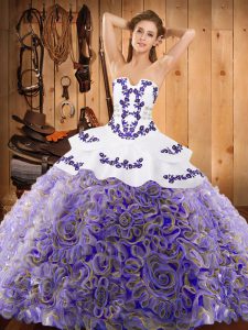 With Train Multi-color Sweet 16 Dresses Satin and Fabric With Rolling Flowers Sweep Train Sleeveless Embroidery