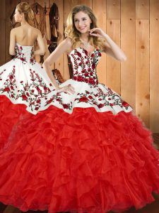Custom Made Wine Red Satin and Organza Lace Up 15th Birthday Dress Sleeveless Floor Length Embroidery and Ruffles