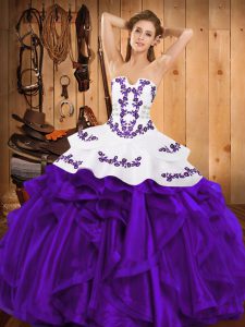 Satin and Organza Strapless Sleeveless Lace Up Embroidery and Ruffles Vestidos de Quinceanera in Purple