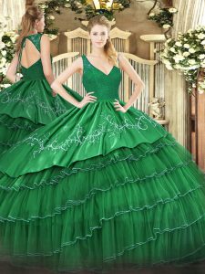 V-neck Sleeveless Zipper Sweet 16 Dresses Green Satin and Tulle