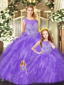 Scoop Sleeveless Quince Ball Gowns Floor Length Beading and Ruffles Eggplant Purple Organza