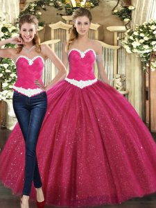 Amazing Ball Gowns Quince Ball Gowns Fuchsia Sweetheart Tulle Sleeveless Floor Length Lace Up