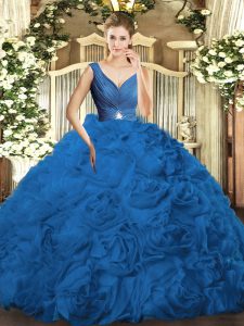 Beautiful V-neck Sleeveless 15th Birthday Dress Floor Length Beading and Ruching Blue Fabric With Rolling Flowers
