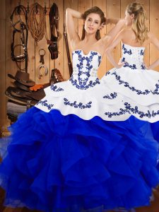 Strapless Sleeveless Satin and Organza Quinceanera Gown Embroidery and Ruffles Lace Up